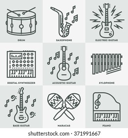 Assorted Musical Instruments. Line Design Icon Set. Vector Illustrations.