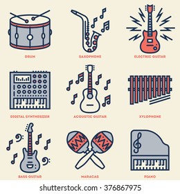 Assorted Musical Instruments. Line Design Vintage Icon Set. Vector Illustrations.