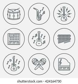 Assorted Musical Instruments. Line Design Circle Icon Set. Vector Illustrations.