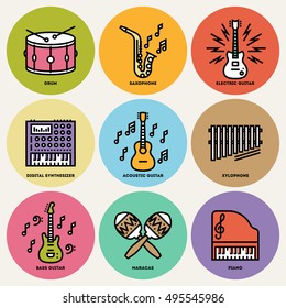 Assorted Musical Instruments. Line Design Round Icon Set. Vector Illustrations.