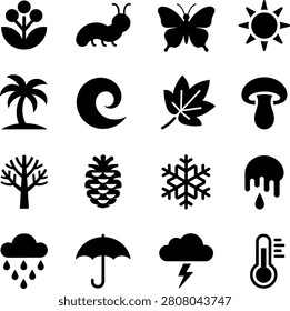 Assorted nature and weather icons featuring plants animals and atmospheric symbols in clean design