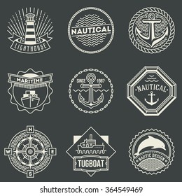 Assorted Nautical Logotypes Set. Thin Line Art Vector Vintage Style Elements. Elegant Geometric Design.