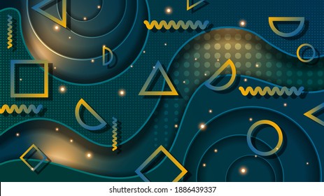 assorted neon outlines and lights set against overlapping dark azure textured abstract shapes with wavy edges and strokes. dark futuristic wallpaper. vector