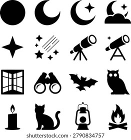 Assorted nighttime and astronomy icons featuring moons stars telescopes bats cats and candles