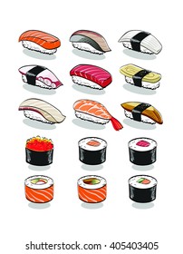 Assorted nigiri and sushi set outlined and isolated on white background vector illustration eps10