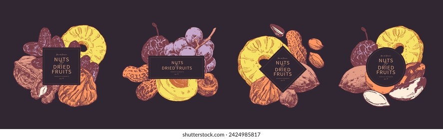 Assorted nuts and dried fruits arranged in groups. Hand drawn illustrations, frame  templates