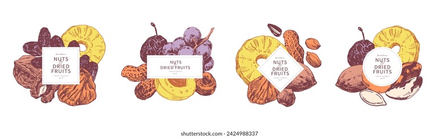 Nueces variadas y frutos secos dispuestos en grupos. Ilustraciones dibujadas a mano, plantillas de marcos