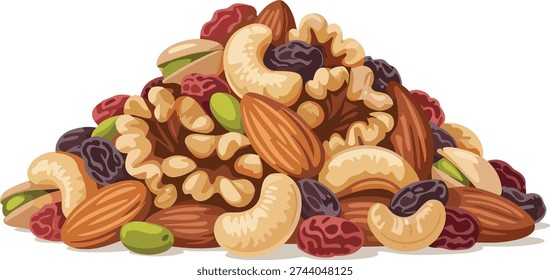 Assorted nuts and dried fruits pile cashews almonds