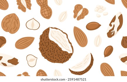 Assorted nuts and seeds seamless pattern. Walnut, almond, hazelnut, peanuts dry, pistachio, coconut, macadamia and sunflower seed. Vegan food ingredients background. Vector illustration