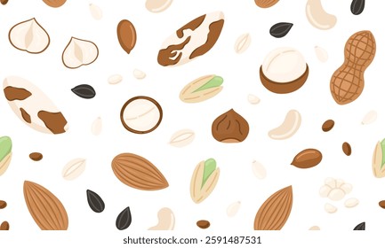 Assorted nuts and seeds seamless pattern. Walnut, almond, hazelnut, peanuts dry, pistachio, macadamia and sunflower seed. Vegan food ingredients background. Vector illustration