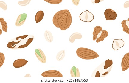 Assorted nuts and seeds seamless pattern. Walnut, almond, hazelnut, peanuts dry, pistachio. Vegan food ingredients background. Vector illustration