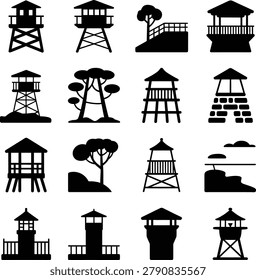 Assorted observation towers and lookout platforms depicted in minimalist black silhouette illustrations perfect for design projects
