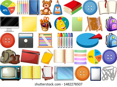 Assorted office, home and school related objects and toys isolated illustration