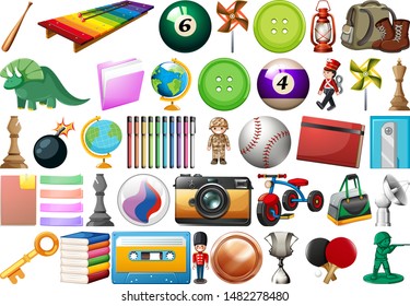 Assorted office, school and toy equipment isolated illustration