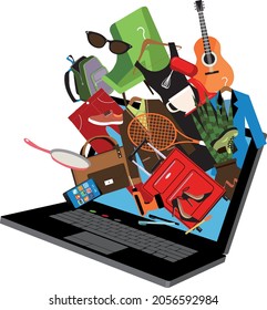 Assorted online purchases coming out from a computer screen, EPS 8 vector illustration