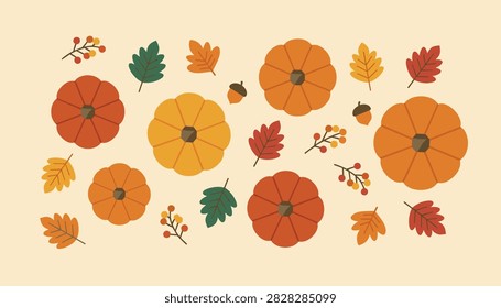Assorted orange pumpkins are scattered with colorful autumn leaves and acorns to create a festive fall harvest themed decorative pattern.