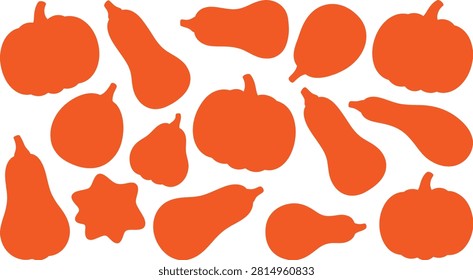 Assorted orange squash and pumpkin silhouettes scattered randomly on a white background for decoration