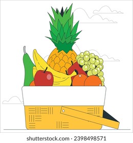 Assorted organic vegetables and fruits in wicker basket. Wicker basket with different fruits. assorted fresh fruits in a square basket isolated on white background. 2527