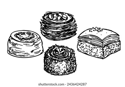 Assorted Oriental sweets sketch. Engraved baked arabic dessert. Hand drawn turkish baklava on white background. For menu, card, flyer, poster design. Vector