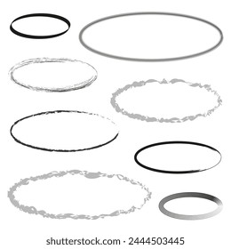 Assorted oval frames set. Diverse elliptical borders collection. Circle edge variations. Decorative ring elements. Vector illustration. EPS 10.