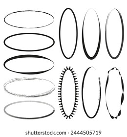 Assorted oval frames set. Elliptical borders collection. Hand-drawn ellipse shapes. Vector graphic elements. Vector illustration. EPS 10.