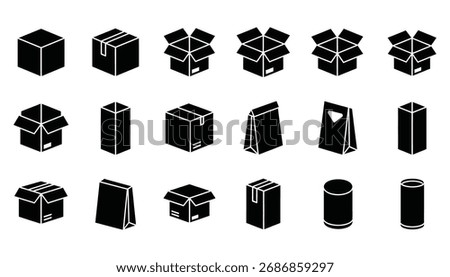 Assorted packaging icons in silhouette style. Includes boxes, bags, and tubes, ideal for shipping, delivery, and storage concepts. silhouette