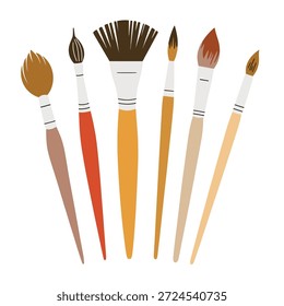 Surtido de pinceles de pintura con cerdas marrón naranja y marrón y asas blancas dispuestas en forma de abanico artista