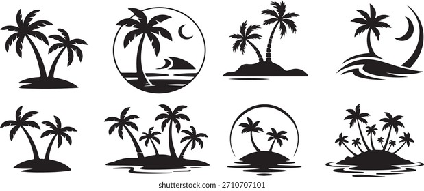 Palmeras surtidas siluetas isla. Ilustración de la playa de vacaciones de mar. Diseño de siluetas de la isla de la costa. Diseño de palmeras tropicales.