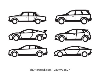 Assorted passenger cars and utility vehicles outline drawing collection with sports car