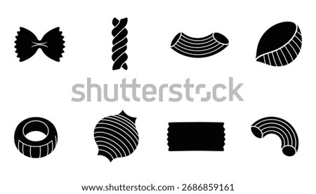 Assorted pasta shapes in a clean, minimalist silhouette style. Perfect for culinary designs and Italian food themes. silhouette