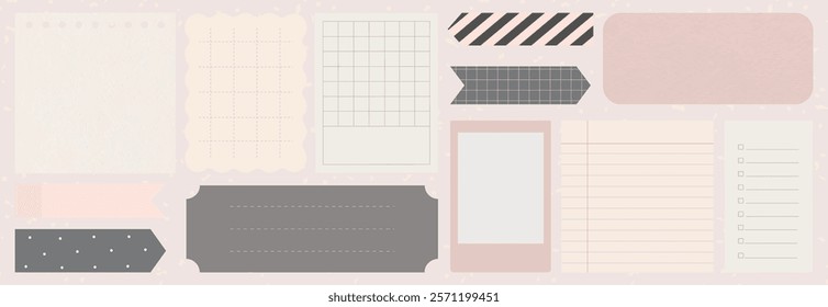 Assorted pastel stationery with notes, labels, and tags. Includes grid, lined, and blank designs. Perfect for organizing, planning, and decorating. Memo element vector set.