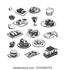 Assorted Pastries and Desserts Collection - Hand-Drawn Line Art. Black and white line art illustration of various pastries, desserts, and baked goods. Ideal for bakery menus, cafe designs.