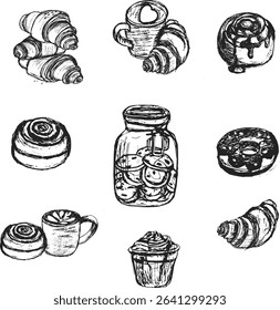 Assorted pastries and desserts in sketch style on a white background