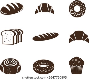 Ícone de Pastéis Sortidos e Ícone de Pão Definido em Marrom