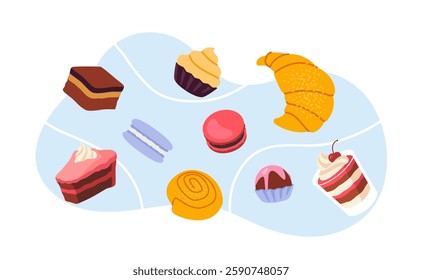 Assorted pastries including cake, macaron, croissant on light blue background. Flat graphic style. Concept of bakery variety. Vector illustration