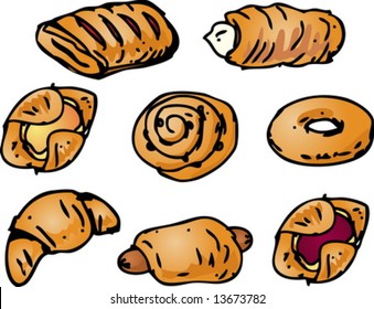 Assorted pastries and sweet baked breads illustration