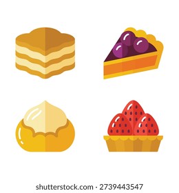 Assorted pastry icons including honey layer cake slice, blueberry pie, custard puff and strawberry tart, bakery menu, cafe illustration