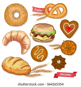Assorted pastry set illustration with cookies, bread, bagel, croissant, pretzel and burger, decorated with  wheat ears and ribbons.