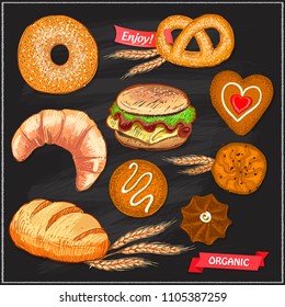 Assorted pastry set illustration on a chalkboard - cookies, bread, bagel, croissant, pretzel and burger