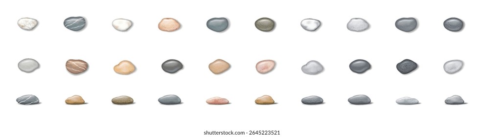 Sedimentos sortidos exibidos em linhas claras. Cada seixo varia em cores, variando de tons claros a escuros. Perfeito para o plano de fundo do projeto ou exploração de textura.