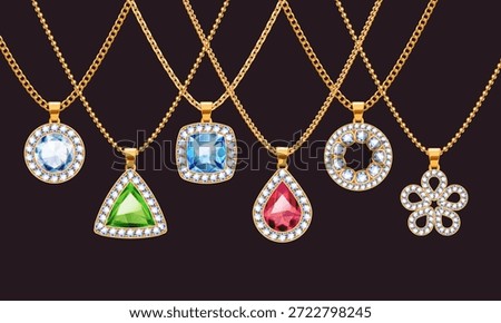 Assorted pendants set with precious stones on a chain. Jewelry with ruby and diamonds vector
