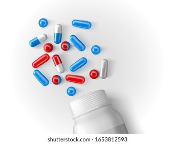 Una serie de pastillas, comprimidos y cápsulas de medicina farmacéutica de fondo blanco. Ilustración del vector