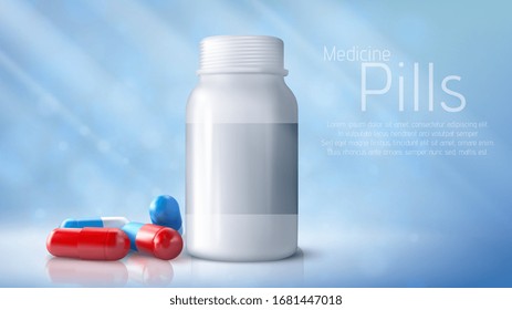 Assorted pharmaceutical medicine pills, tablets and capsules on blue background. Vector illustration