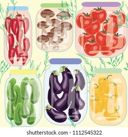 assorted pickled vegetables in cans pepper mushrooms cucumbers tomatoes aubergine