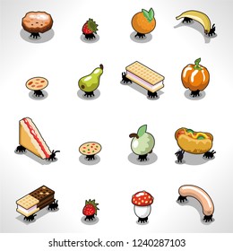 Assorted picnic ants carrying various food items such as fruit, sandwich, waffle, sausage (isometric illustration)