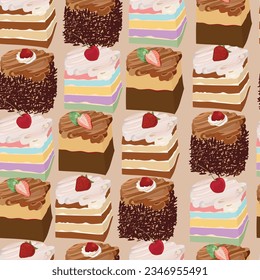 assorted pieces of delicious cake seamless pattern