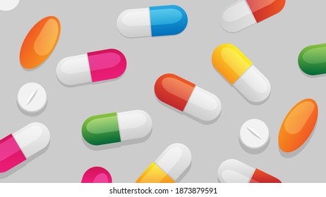 Assorted pills and capsules on grey background. Vibrant colors. Pharmacy, care and treatments concept. Editable Eps Vector Illustration.