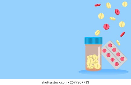 Assorted pills falling into an open medical pill container with a blister pack on a light blue background representing healthcare, pharmacy, and medicine