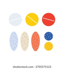 Píldoras surtidas ilustración plana que simboliza farmacia, salud y tratamiento. Diseño de Vector moderno. Estilo geométrico simple para conceptos médicos.