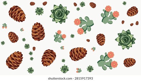 Assorted pinecones succulent plants and pink flowers on a natural background perfect for botanical themes and nature lovers of all ages